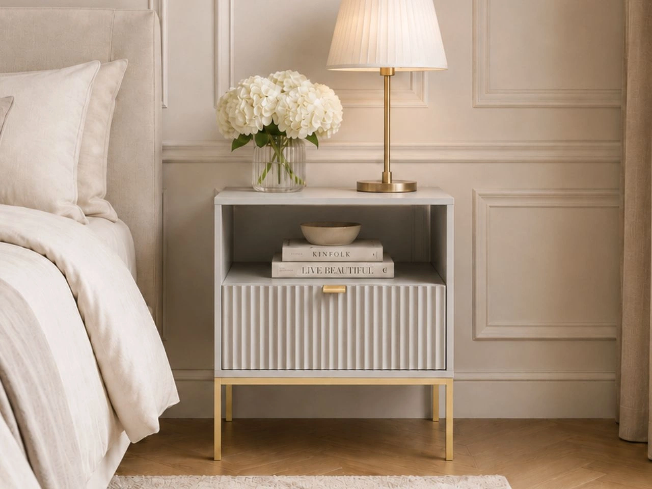 Nachtschrank mit Schublade Amber Grau, Gold Frame
