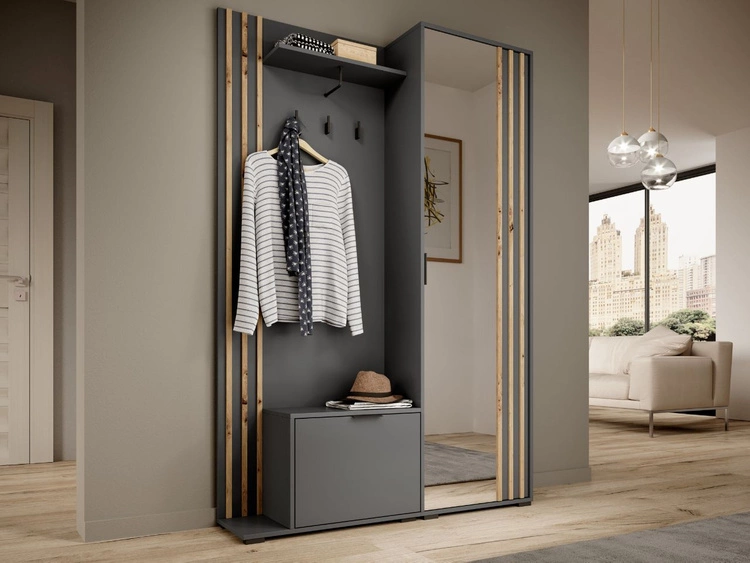 Garderobe mit Spiegel und Kleiderhaken Macron Graphit Artisan Eiche