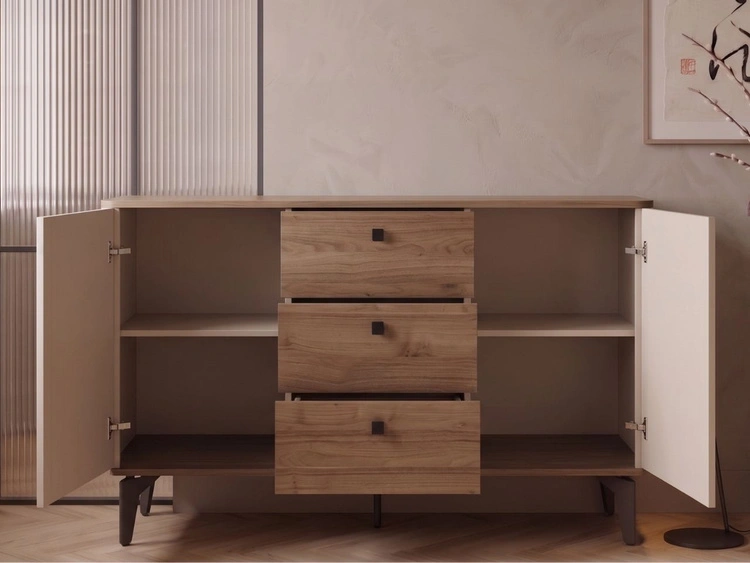 Möbelgarnitur mit LED-Beleuchtung für das Wohnzimmer Arelis Kaschmir, Royal Nussbaum