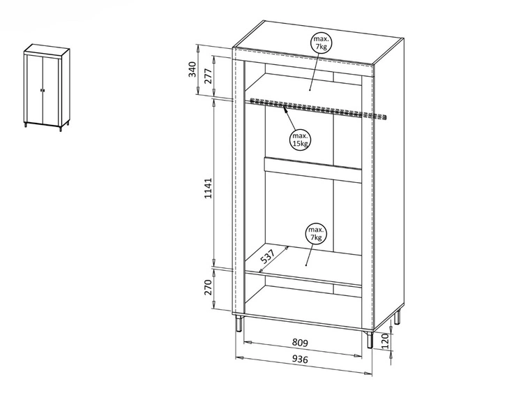 Kleiderschrank mit Drehtüren und Kleiderstange Messina Weiß