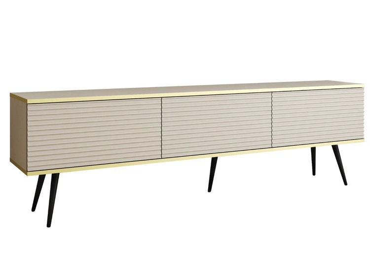TV-Lowboard mit Türen 175 cm Diolo Beige mit geriffelter Vorderseite auf schwarzen Beinen