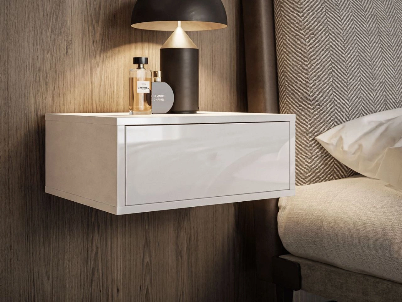 Hängender Nachttisch mit Schublade Brisa Weiß Hochglanz