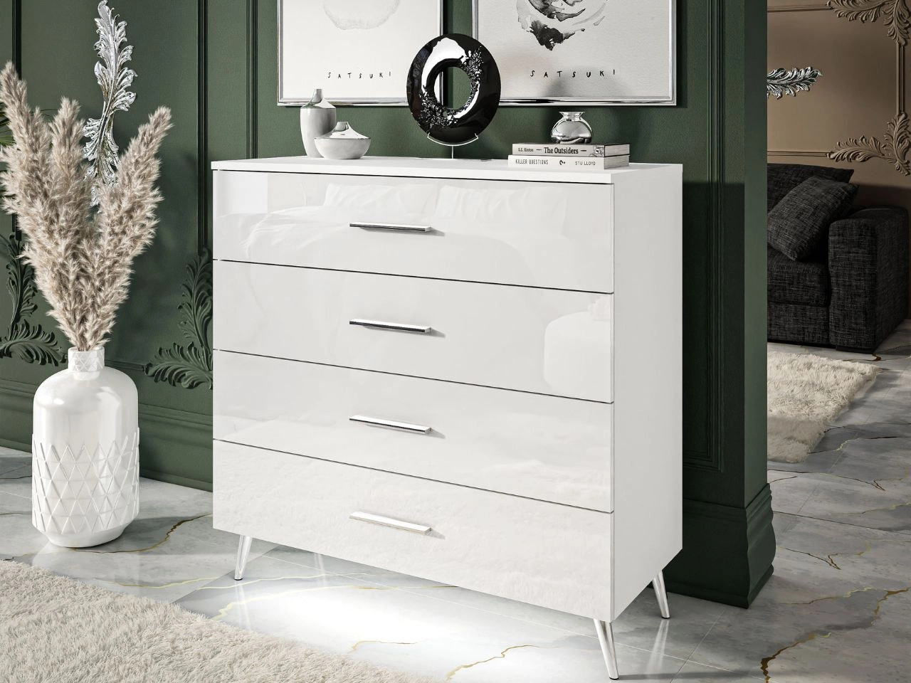 Kommode mit vier Schubladen und LED-Beleuchtung auf Silbernen Metallbeinen Nuveo Weiß Hochglanz