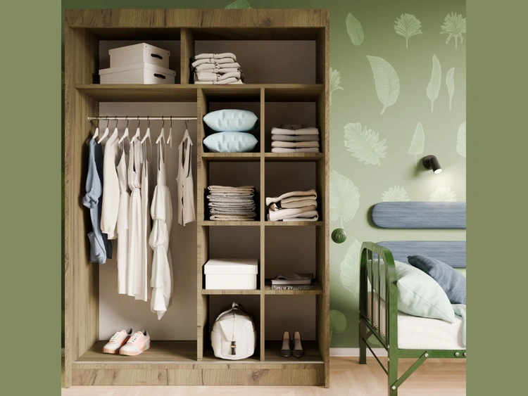 Schiebetürenschrank mit geriffelter Front und Spiegel 150 cm Fano Handwerk Goldene Eiche, Weiß