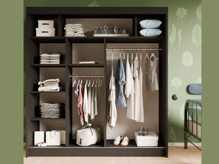 Schiebetürenschrank mit geriffelter Front 200 cm Fano Schwarz, Weiß