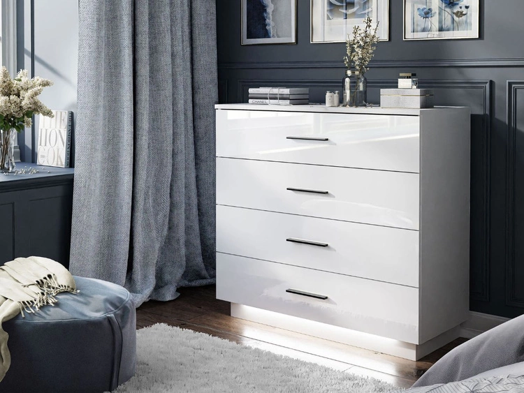 Kommode mit vier Schubladen und LED-Beleuchtung Nuveo Weiß Hochglanz