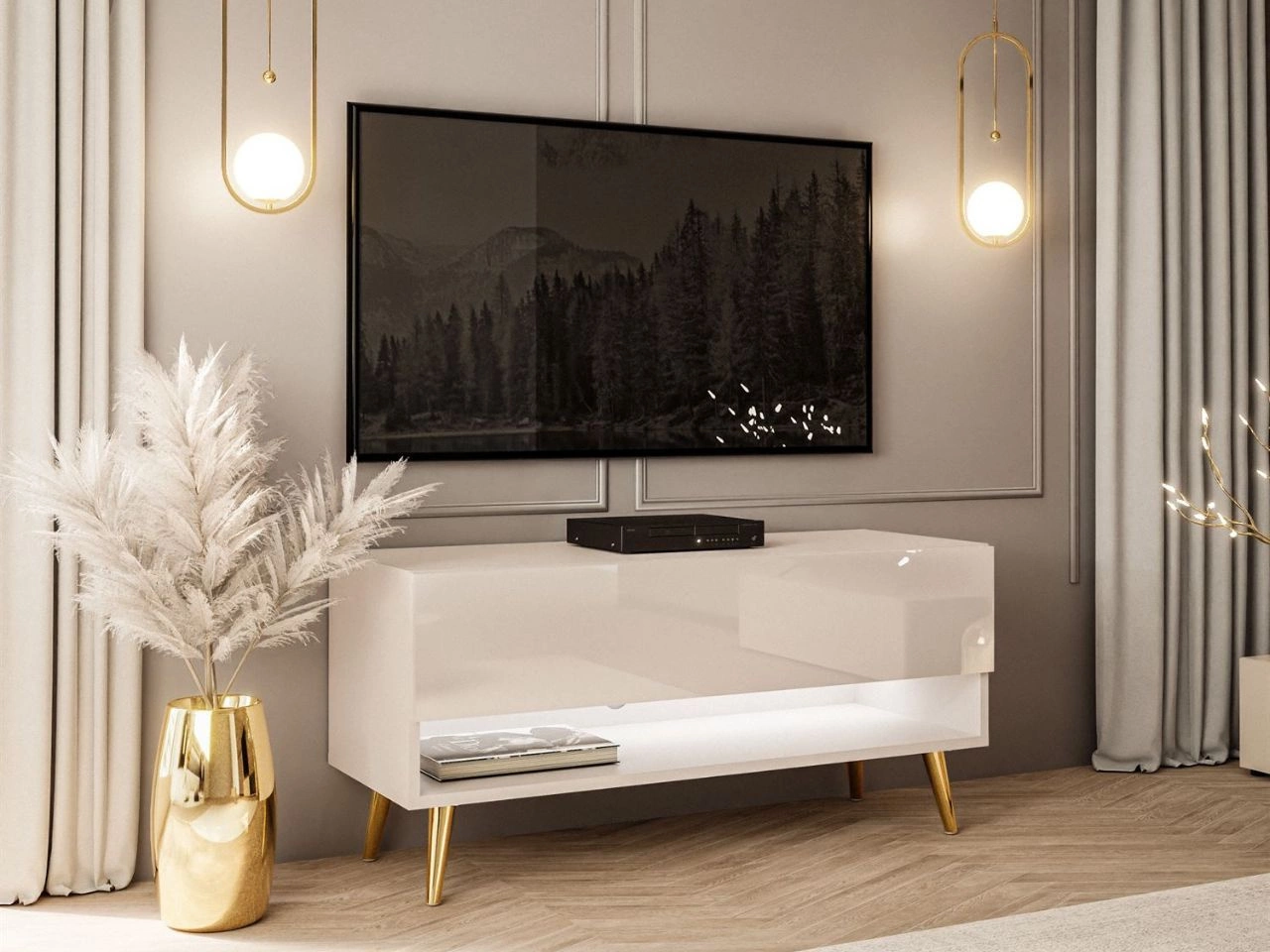 TV-Schrank 90 cm mit LED-Beleuchtung und goldenen Beinen Aurelie Kaschmir Hochglanz
