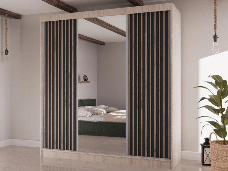 Schiebetürenschrank mit Lamellen und Spiegel 200 cm Lucena Eiche Sonoma, Schwarz