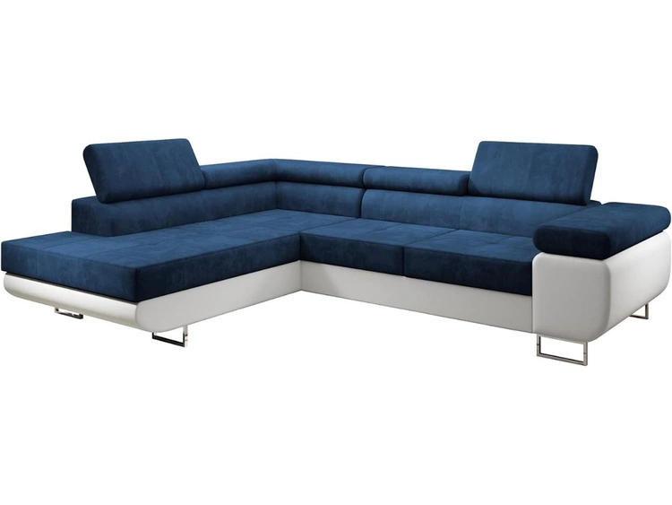 Ecksofa L-Form Links mit Schlaffunktion und Bettkasten Solam L Dunkelblau , Weiß