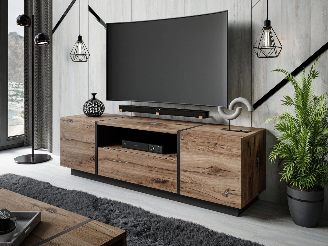 TV-Lowboard im Loft-Stil, zweitürig mit Schublade Lunelie Flagstaff-Eiche