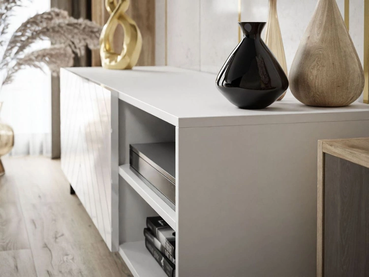 TV-Schrank im Glamour-Stil mit gefrästen Fronten und schwarzen Beinen Vionel Weiß glänzend