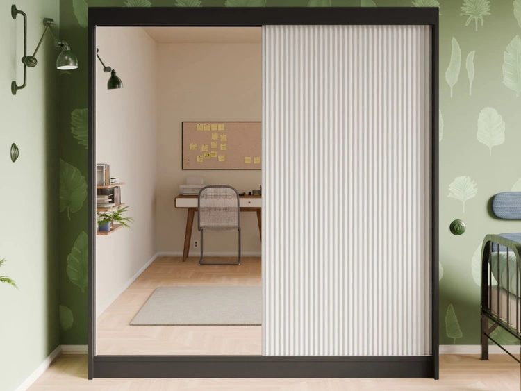 Schiebetürenschrank mit geriffelter Front und Spiegel 200 cm Fano Schwarz, Weiß