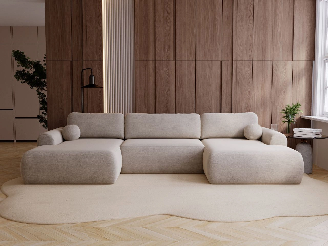 Wohnlandschaft mit Schlaffunktion und Bettkasten Savana Beige
