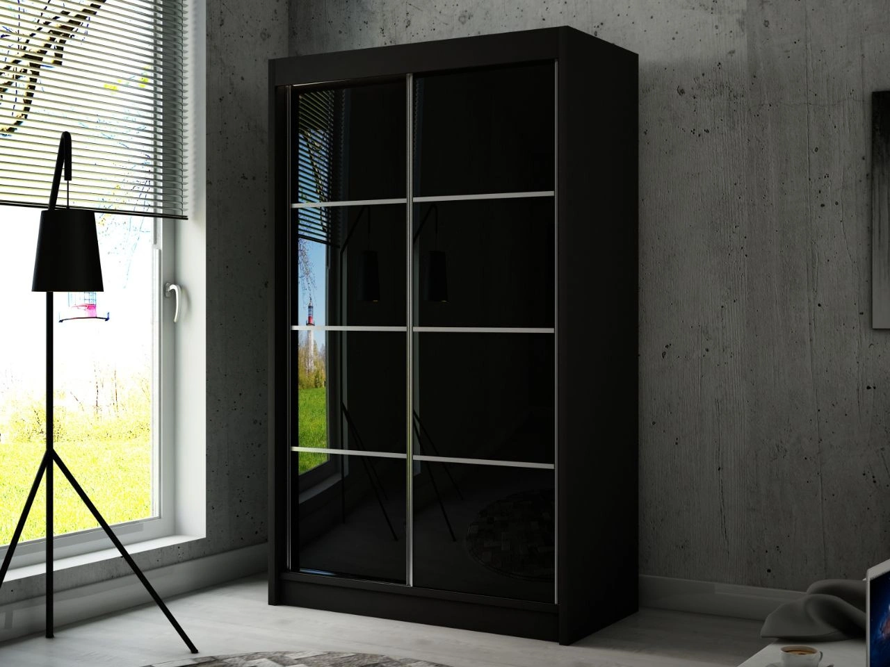 Schiebetürenschrank mit Sprossen 120 cm mit LED-Beleuchtung Ponti Schwarz