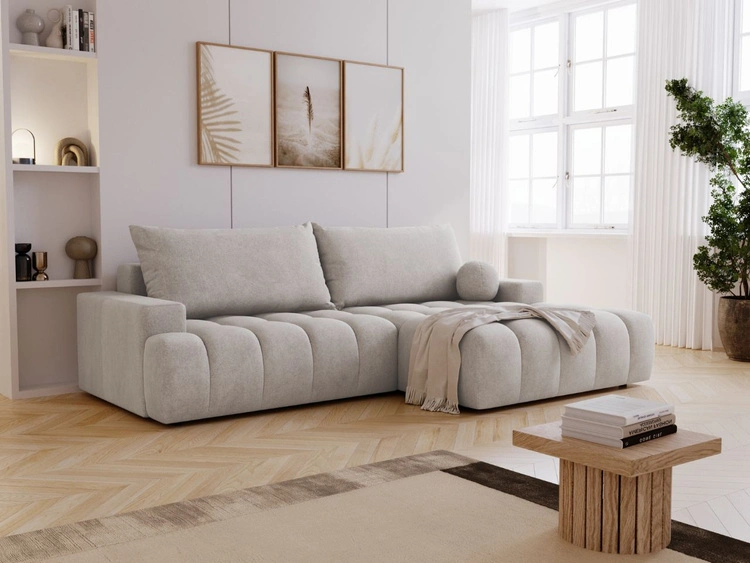 Ecksofa L-Form mit Schlaffunktion und Bettkasten Havi Rechts Hellgrau