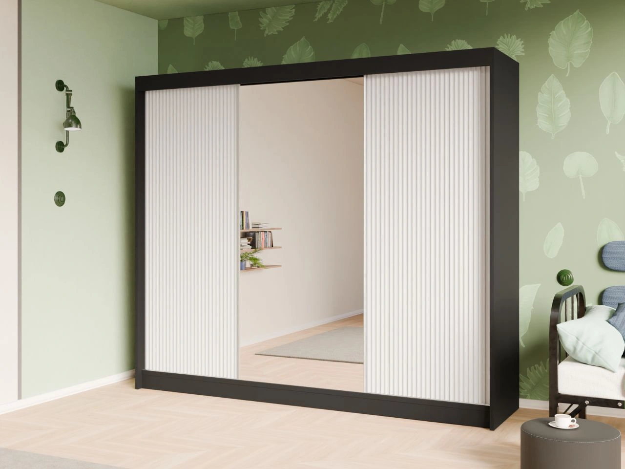 Schiebetürenschrank mit geriffelter Front und Spiegel 250 cm Fano Schwarz, Weiß