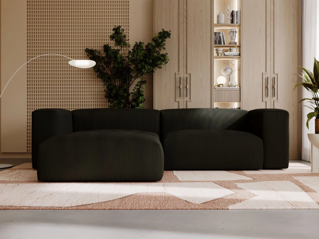 Ecksofa L-Form Links Moderne Cord Ecksofa Landi Schwarz