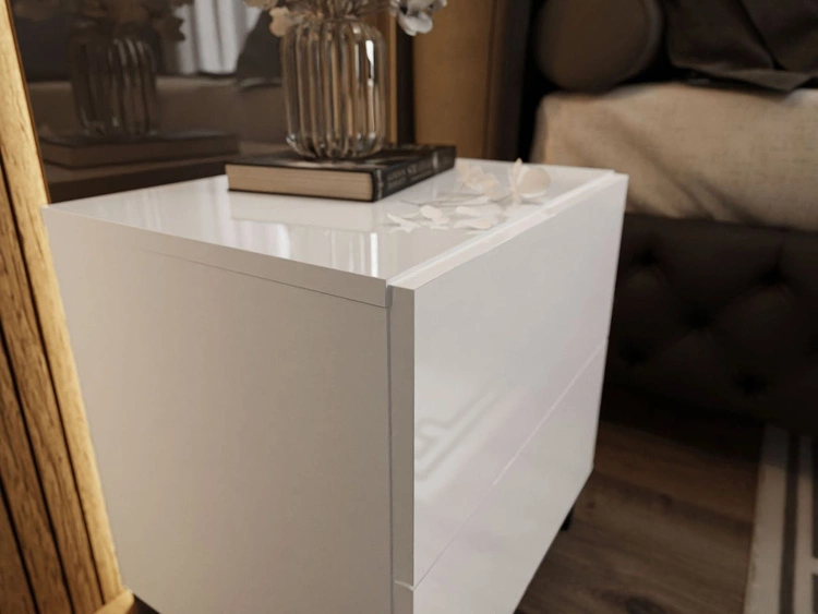 Nachttisch mit zwei Schubladen auf Schwarzen Beinen Nuveo Lux Weiß Hochglanz