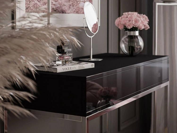 Konsolentisch mit Schubladen und silbernem Gestell im Glamour-Stil Brisa Schwarz Hochglanz