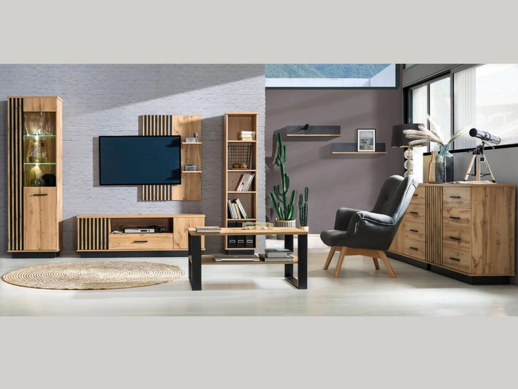 Hängeregal mit Latten für das Wohnzimmer Lavore Wotan Eiche, Schwarz matt