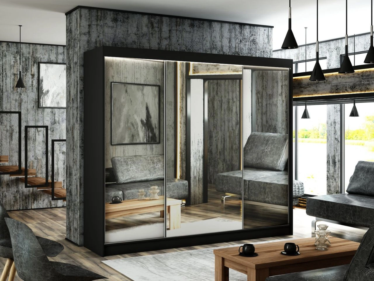 Schiebetürenschrank 250 cm mit Spiegel und LED-Beleuchtung Luzio Schwarz