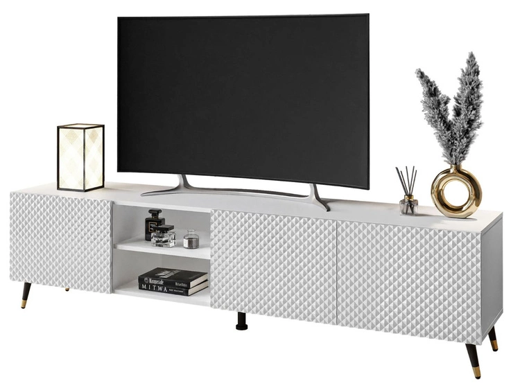 TV-Schrank mit 3D-gefrästen Fronten und schwarz-goldene Metallbeinen Celiane Weiß Glanz