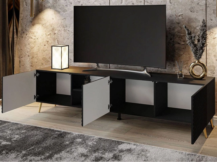 TV-Schrank mit verchromten Metallbeinen und gefrästen Fronten 3D Celiane Schwarz matt