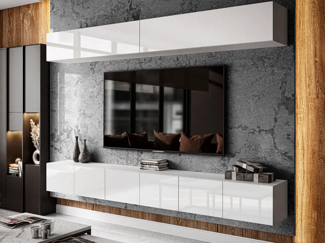 Hängende Wohnwand für das Wohnzimmer mit LED-Beleuchtung Nodoo Weiß Hochglanz