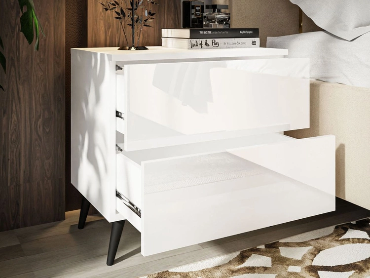 Nachttisch mit Schubladen auf Schwarzen Metallbeinen Nuveo Weiß Hochglanz