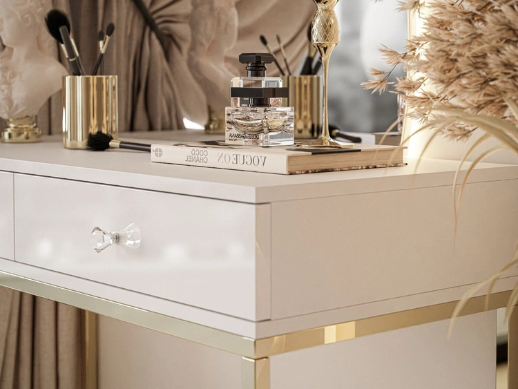 Kosmetiktisch rechtsseitig mit Schubladen und LED-Beleuchtung auf goldenen Beinen Clarette Weiß Hochglanz