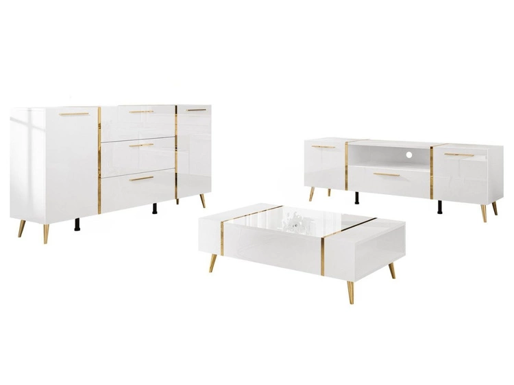 Wohnzimmer-Set mit goldenen Metallbeinen und goldenen Griffen Lunelie Weiß Hochglanz