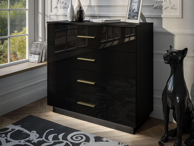 Kommode mit vier Schubladen und LED-Beleuchtung Nuveo Schwarz Hochglanz