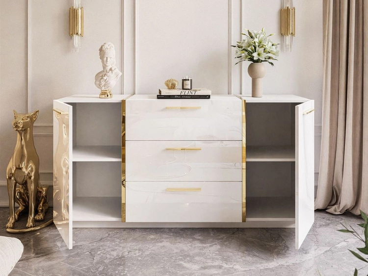 Wohnzimmer-Set mit goldenen Griffen im Glamour-Stil Lunelie Weiß Hochglanz