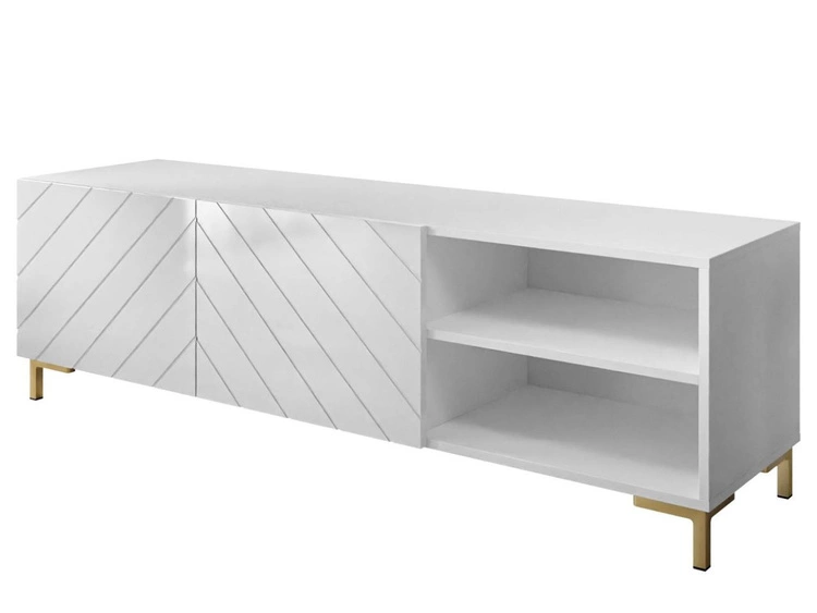 TV-Schrank im Glamour-Stil mit gefrästen Fronten und goldenen Beinen Vionel Weiß glänzend