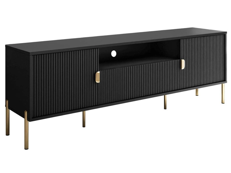 TV-Lowboard breit zweitürig mit Schublade und goldenen Metallfüßen Orlean Schwarz Matt