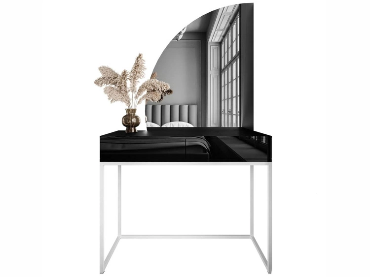 Kosmetiktisch linksseitig mit Schubladen und LED-Beleuchtung auf weißen Beinen Clarette Schwarz Hochglanz