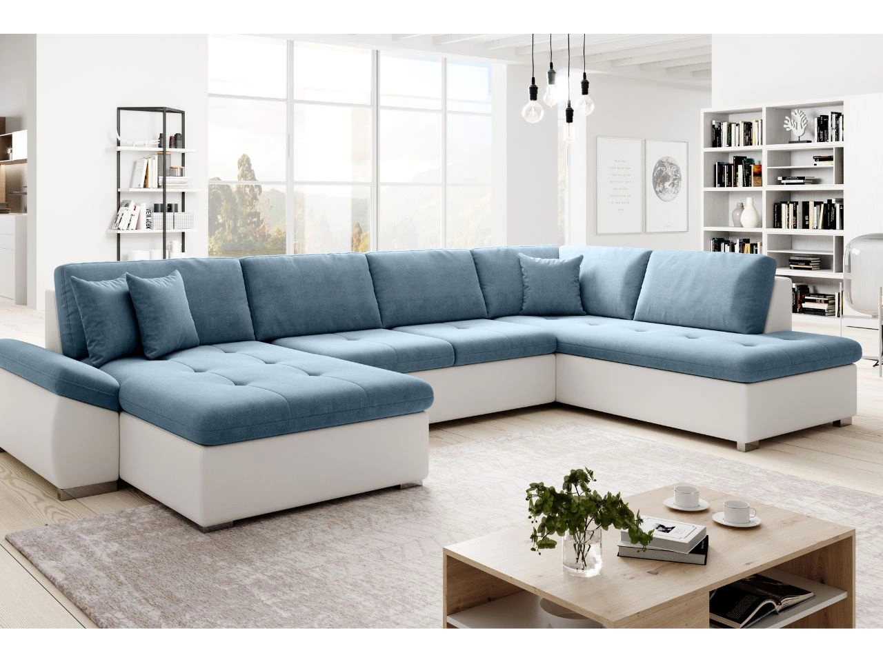 Wohnlandschaft mit Schlaffunktion Rechts Moni U Blau, Weiß