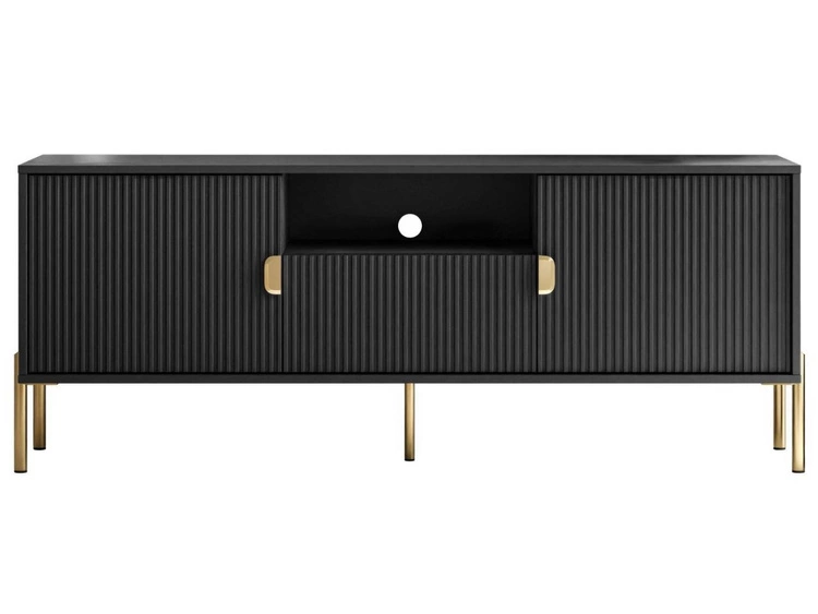 TV-Lowboard zweitürig mit Schublade und goldenen Metallfüßen Orlean Schwarz Matt
