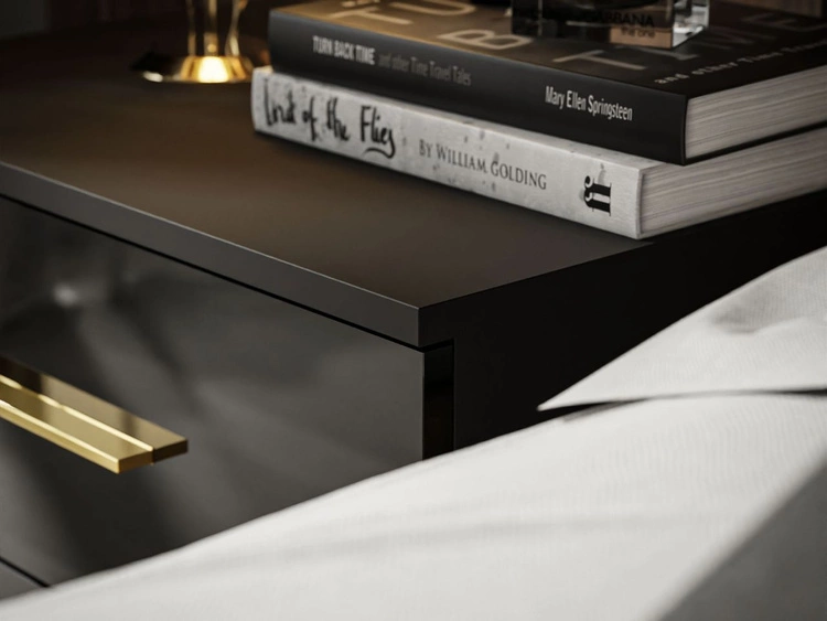 Nachttisch mit Schubladen auf Schwarz-Goldenen Metallbeinen Nuveo Schwarz Hochglanz