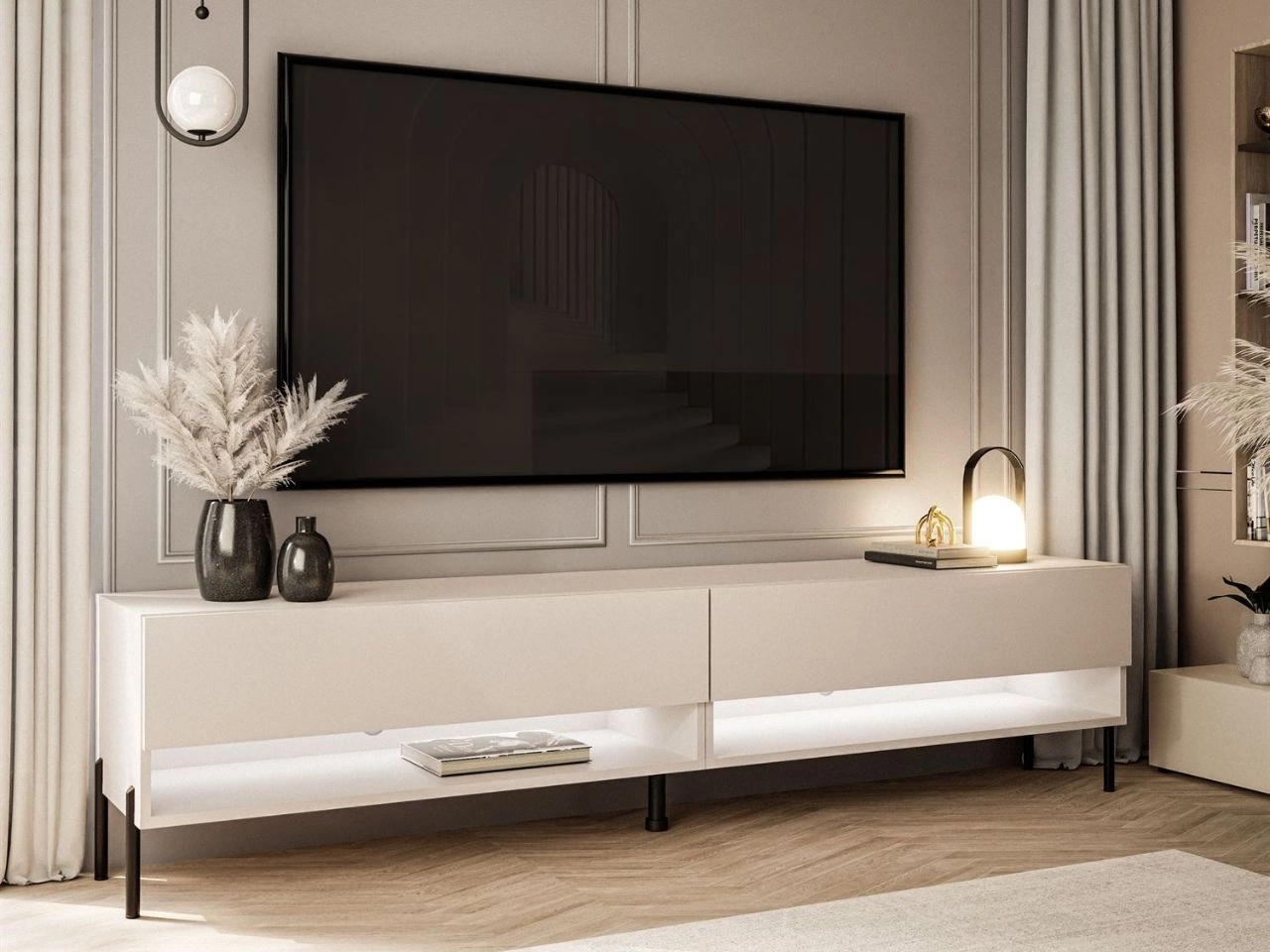 TV-Schrank für das Wohnzimmer 180 cm mit schwarzen Metallbeinen und LED-Beleuchtung Aurelie Kaschmir matt