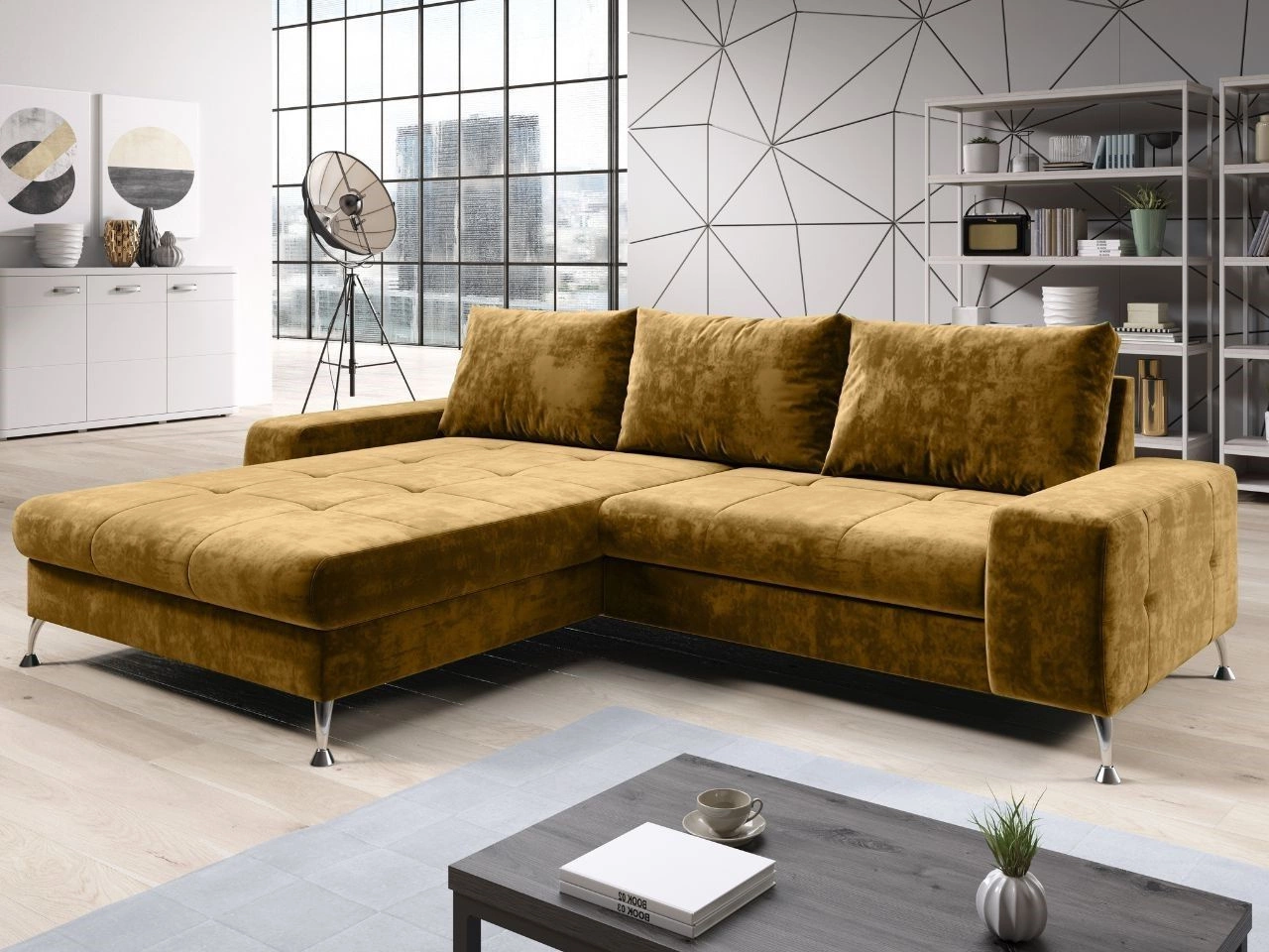 Ecksofa L-Form Links mit Schlaffunktion und Bettkasten Tonny Gelb