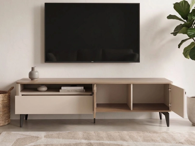 Möbelgarnitur mit LED-Beleuchtung für das Wohnzimmer Arelis Kaschmir, Royal Nussbaum