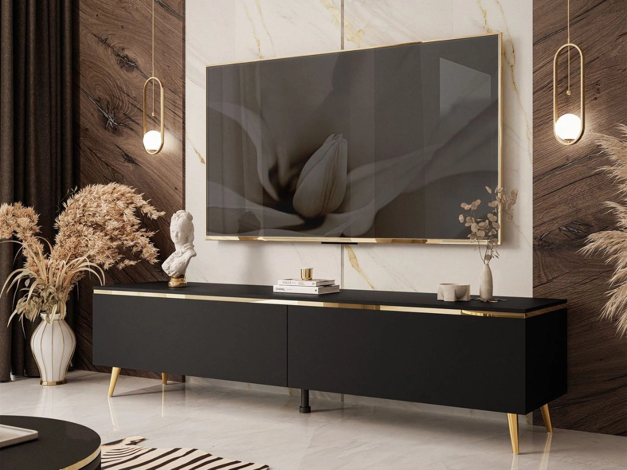 TV-Schrank 180 cm mit goldenen Metallbeinen im Glamour-Stil Evare Schwarz matt
