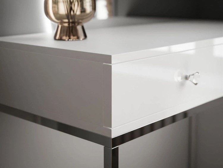 Kosmetiktisch linksseitig mit Schubladen und LED-Beleuchtung auf silbernen Beinen Clarette Weiß Hochglanz