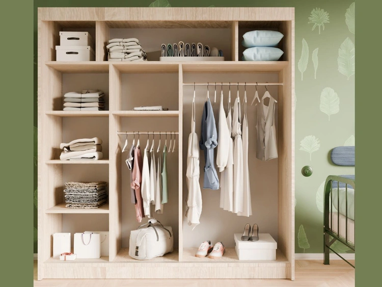 Schiebetürenschrank mit geriffelter Front und Spiegel 200 cm Fano Eiche Sonoma, Weiß