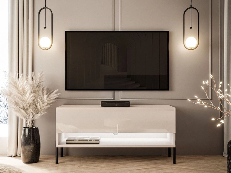 TV-Schrank 90 cm mit LED-Beleuchtung und schwarzen Metallbeinen Aurelie Kaschmir Hochglanz