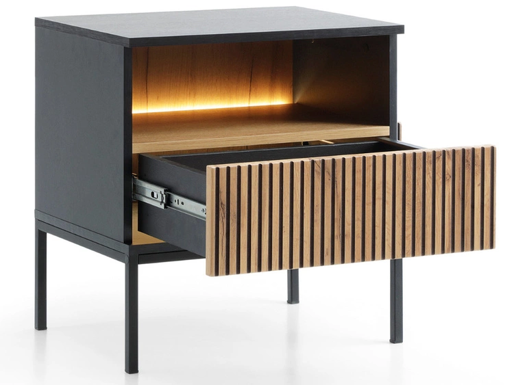 Nachtschrank mit Schublade und Led Deo Schwarz, Eiche Wotan