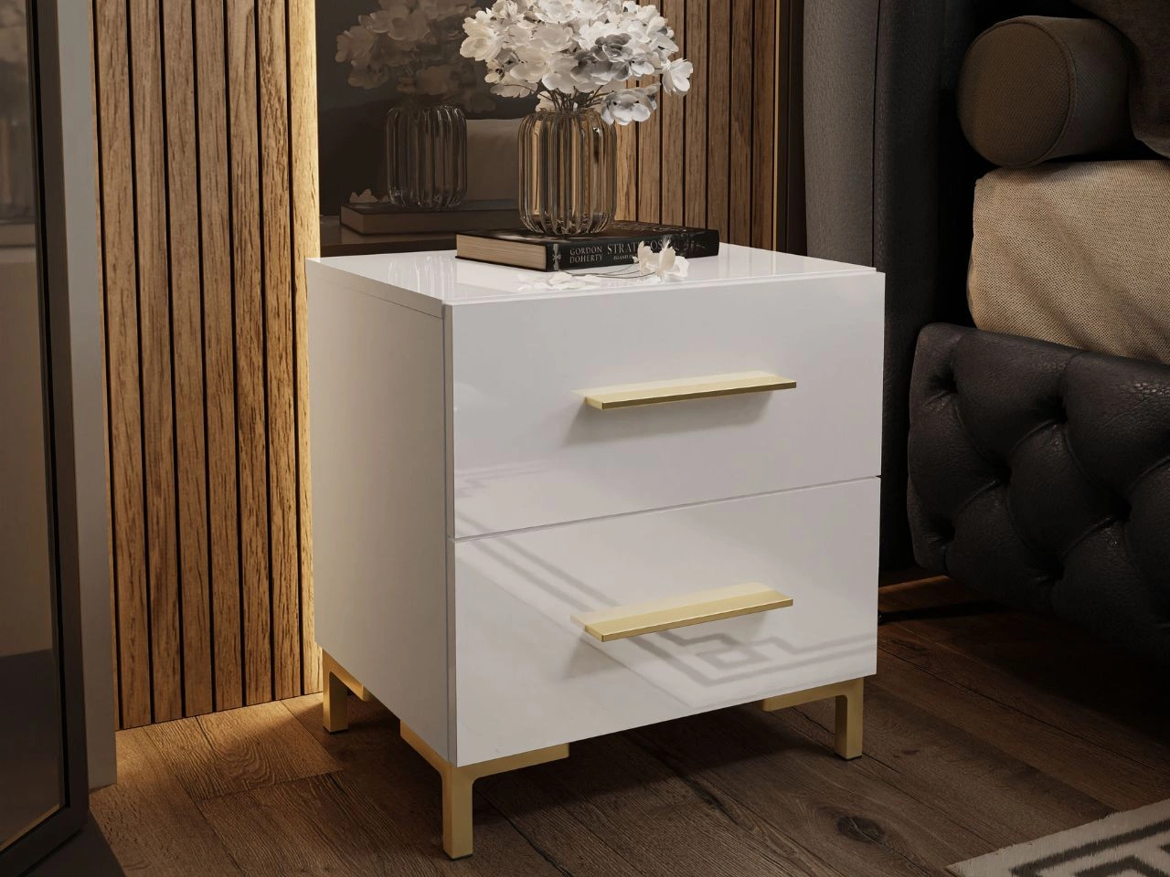 Nachttisch mit zwei Schubladen auf Goldenen Beinen Nuveo Lux Weiß Hochglanz
