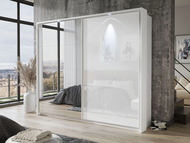 Schwebetürenschrank Zweitüriger mit Aufsatz und Spiegel  254 cm Nuveo Weiß Hochglanz