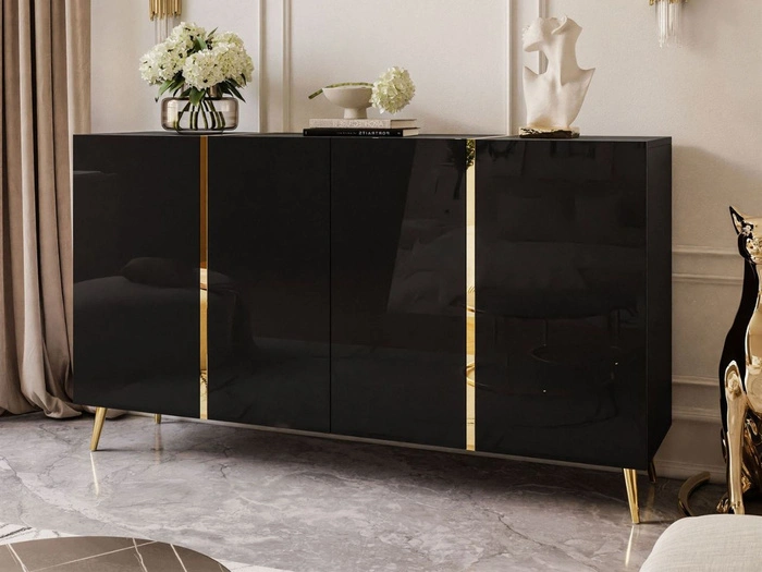 Viertürige Kommode 158 cm Glamour-Stil auf goldfarbenen Metallbeinen Lunelie Schwarzglanz